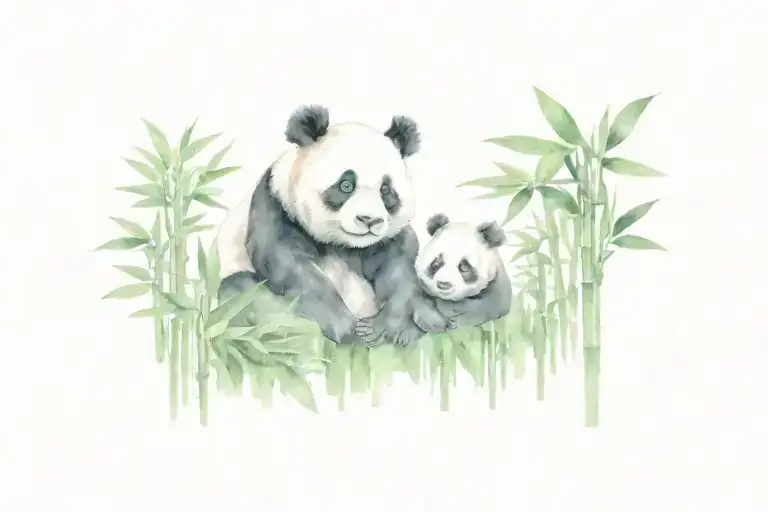 male panda with two cubs on a bamboo tattoo design idea