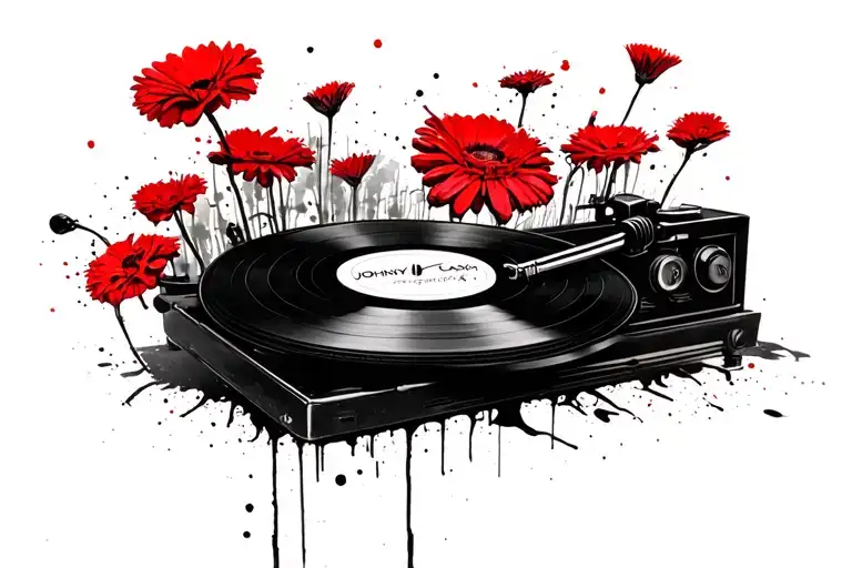 Johnny cash record on old record player with flowers growing tattoo design idea
