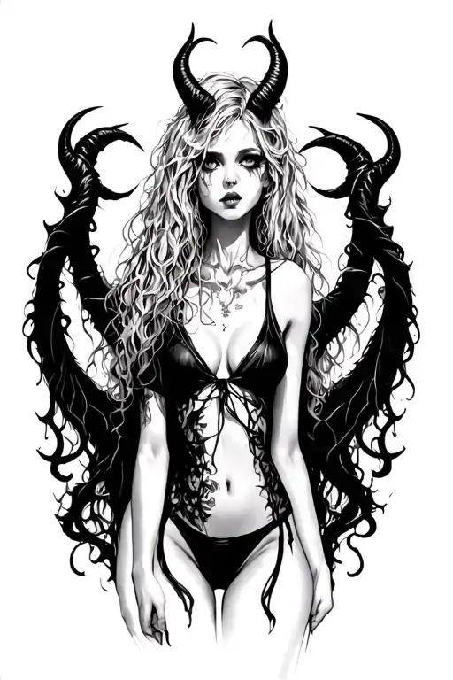 Sexy Pale Girl, Petite, Big Boobs, Wide Hips, G-string. Messy Hair, Demonic Horns, Sexual.... on hood tattoo design idea