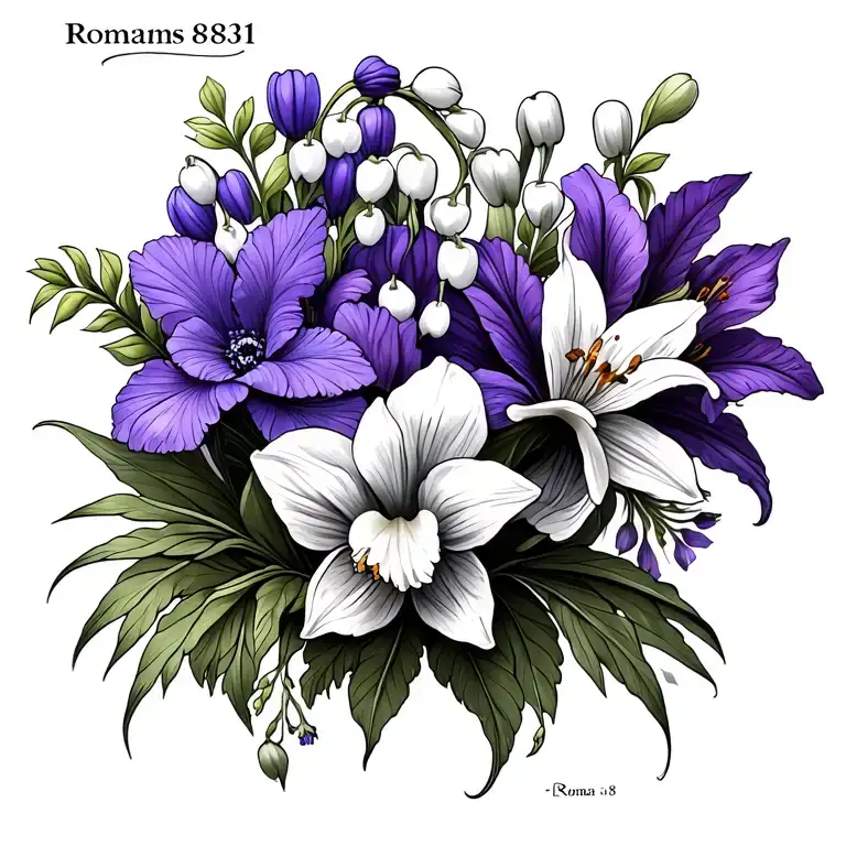 larkspur flower, violet flower, daffodil flower, lily of the valley flower intertwined with the verse Romans 8:31 script tattoo design idea