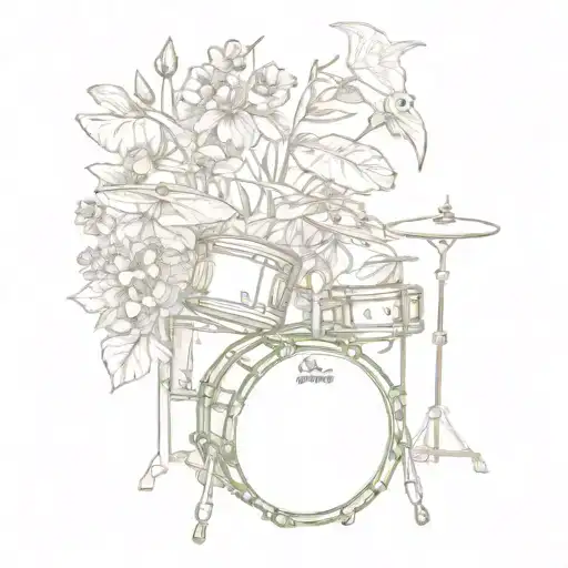 A drum set surrounded by a garden of blooming flowers with bats perched on the drums tattoo design idea