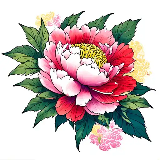 peony Japanese flowers blooming with pinks reds purple and yellow  tattoo design idea