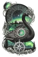 Black swan in foreground with the northern lights behind, with a nautical compass and Libra and aries star signs  tattoo design idea