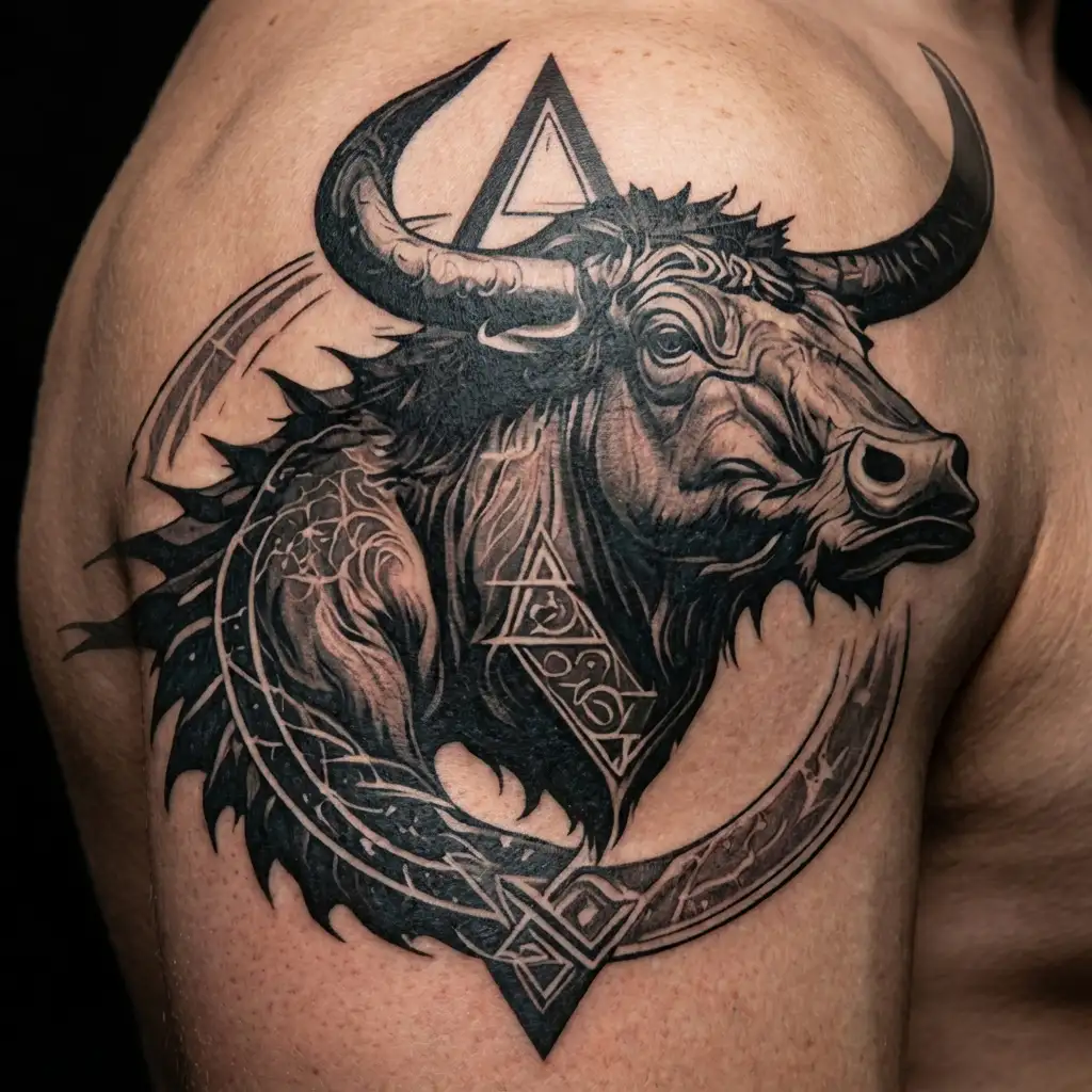 Valknut, hippocampus, constellation of the bull on the forearm tattoo design idea