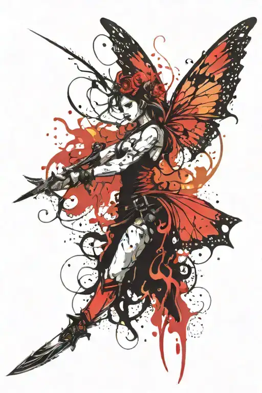 red butterfly wings made of swirl/smoke/fire with a sword body and a red fire flame crown for the whole back  tattoo design idea