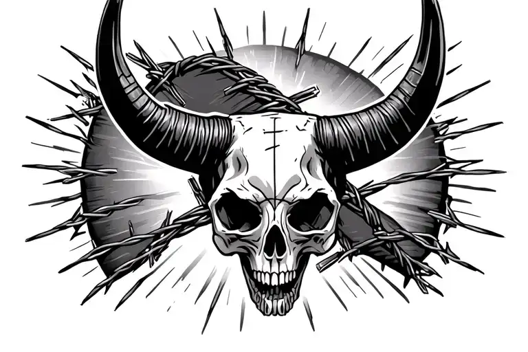 long horn skull with barbed wire wrapped around a cross tattoo design idea