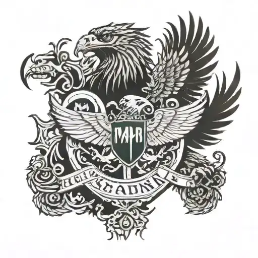A highly detailed and intricate tattoo on the left quad extending down past the knee, blending elements of nature, strength, and personal symbolism. The design incorporates the Munro clan symbols with an eagle in a fierce fighting stance, wings open, mouth agape. The eagle symbolizes power and protection, with the words 'Dread God,' the clan motto, integrated into the design. The tattoo features a belt with three slightly cupped open palms, a knight in armor, two three-leaved clovers (☘️) symbolizing luck and nature, and bunched red wheat leaves, representing sacrifice and strength. The color scheme combines black, red, blue, and silver. Silver represents peacefulness, while red symbolizes sacrifice and power. The red and silver are balanced in the tattoo for contrast. The design should also include a mermaid in the upper leg sleeve, holding a comb in her left hand and a mirror in her right, representing beauty, self-care, and self-reflection. The motto 'Non Sibi' (Latin for 'Not for oneself') should be included, reflecting selflessness. The tattoo should blend these elements seamlessly into a cohesive design, using a combination of fierce symbolism, natural motifs, and rich colors to tell a powerful personal story. tattoo design idea