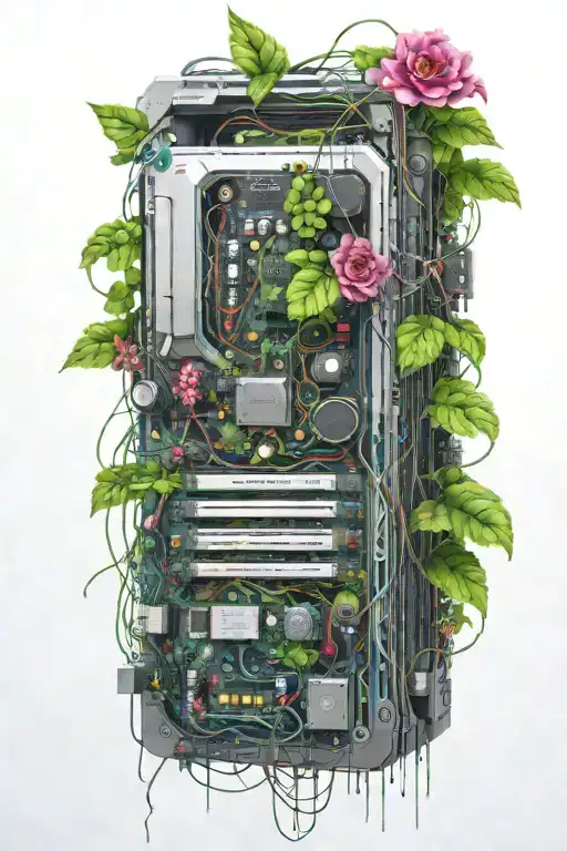 motherboard vines computer flowers cyberpunk cityscape tattoo design idea