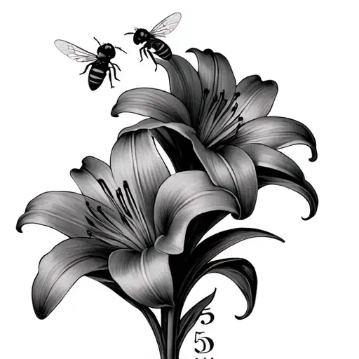 two lillies with two bees surrounding the petals. angel numbers 555 in the stem  tattoo design idea