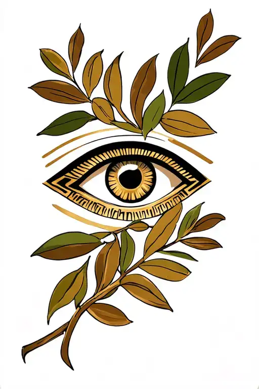 left eye and olive branches, gold, brown, green, and egyptian or romanesque. tattoo design idea