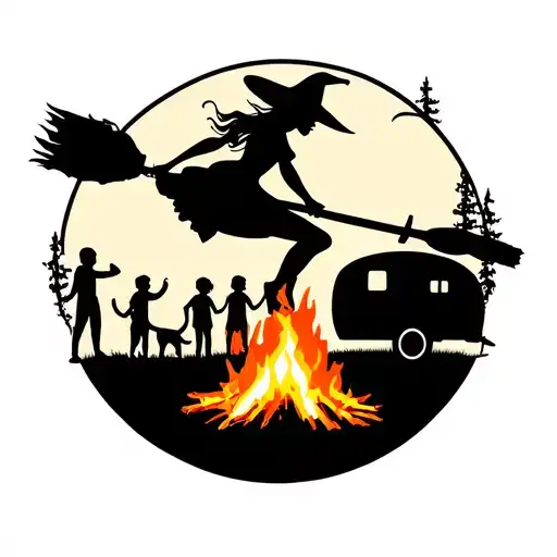 silhouette of sexy witch flying on broomstick over a campsite with a trailer and campfire with 3 boy children & 2 dogs  tattoo design idea
