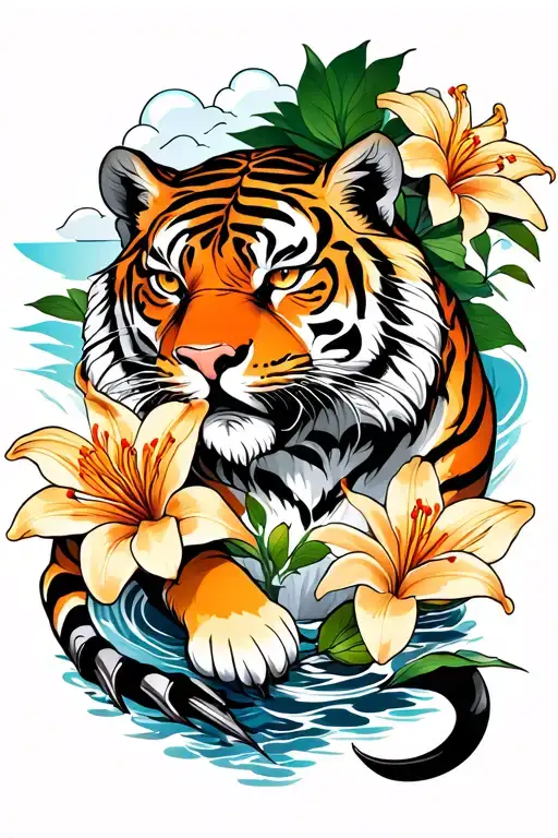 half sleeve full body tiger with claw including 2 Lily flowers, 2 more Japanese style flowers with water, cloud and line tattoo design idea