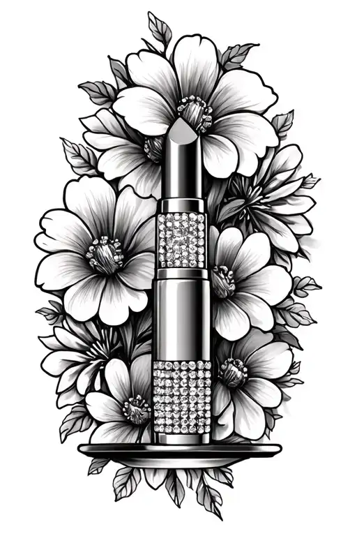 rhinestone tube of lipstick as a balancing scale with cosmo flowers around it tattoo design idea