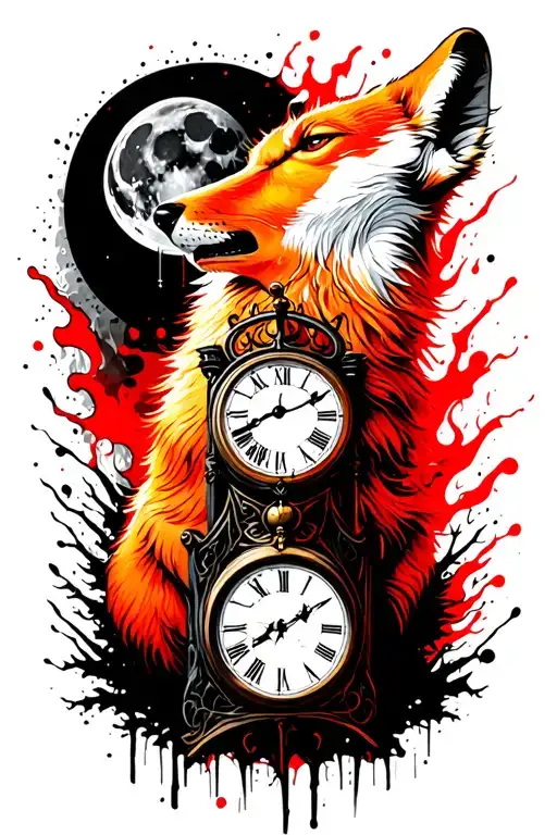 A ginger fox howling at the moon with the hands of a clock in burning forest tattoo design idea