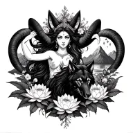 Aries goddess surrounded by poeny and lotus flowers with a black wolf and mountains tattoo design idea