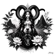 Aries goddess surrounded by poeny and lotus flowers with a black wolf and mountains tattoo design idea