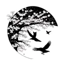 crows and an owl flying under a cherry blossom tree at night tattoo design idea
