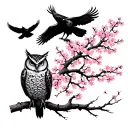 crows and an owl flying under a cherry blossom tree at night tattoo design idea