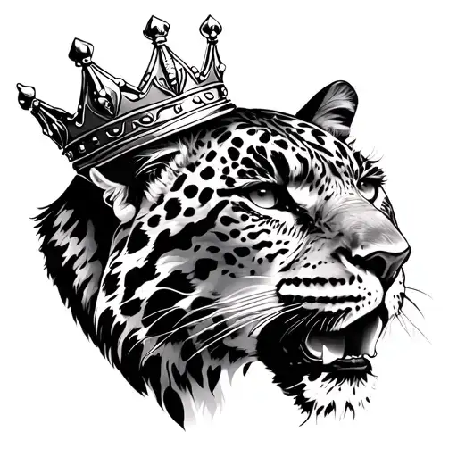 create a black and white tattoo of a leopard with a king crown  tattoo design idea