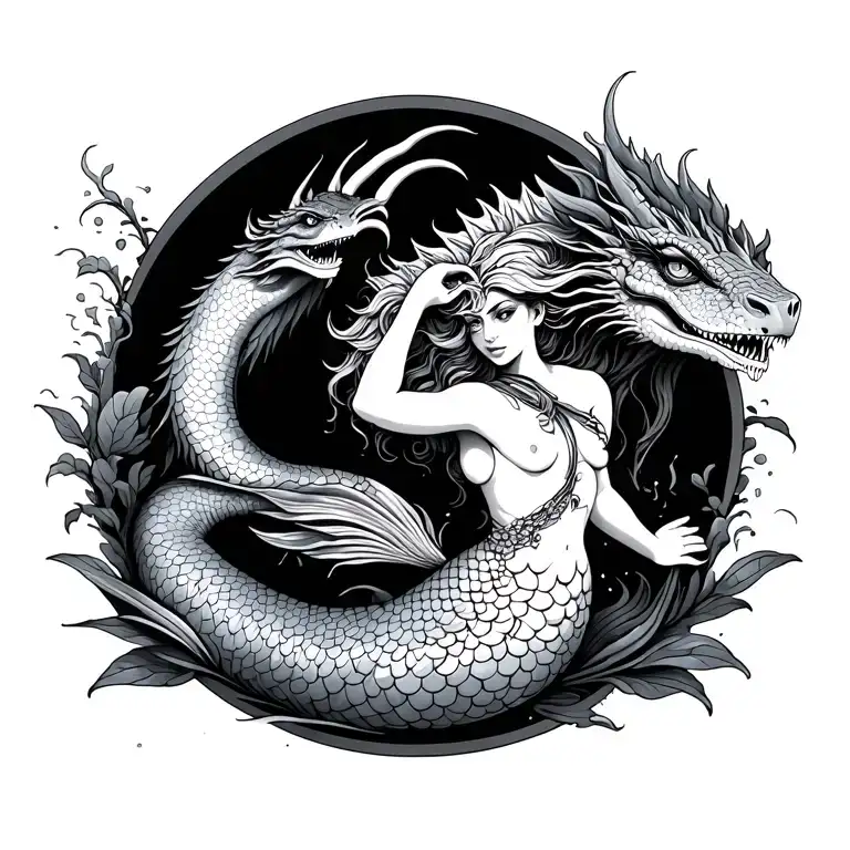 nautical scene featuring a water dragon and mermaid tattoo design idea
