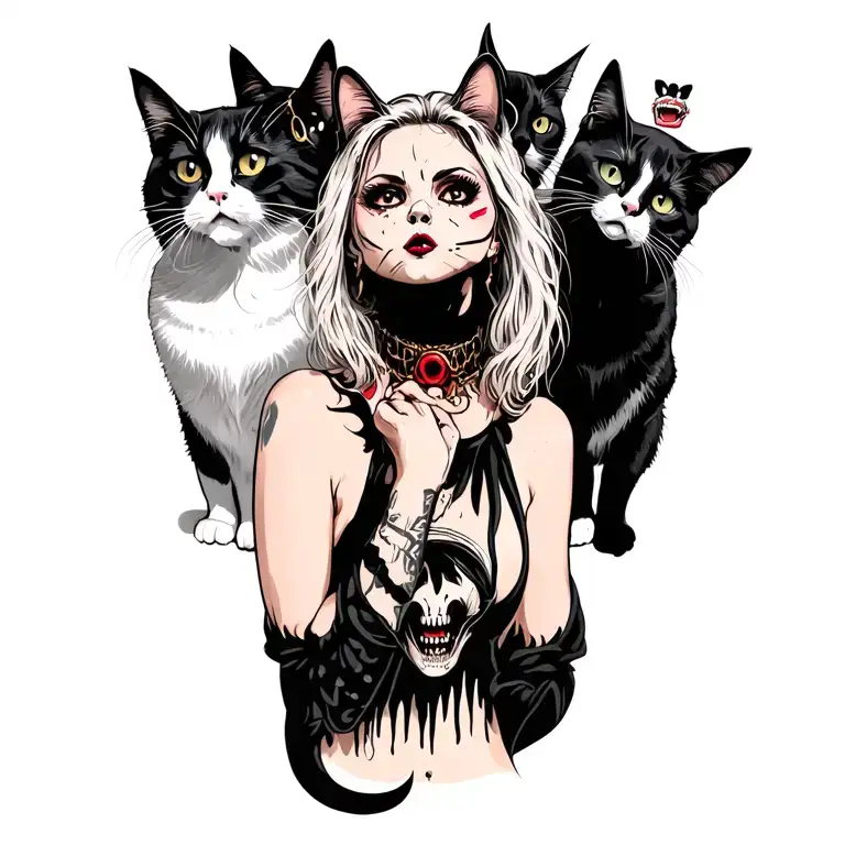 woman punk with gang of cats tattoo design idea