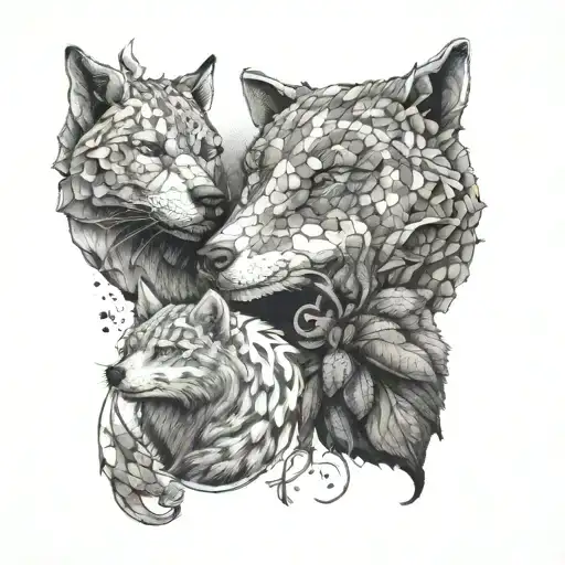 a wolf, bear, gecko, and cat sleeping tattoo design idea