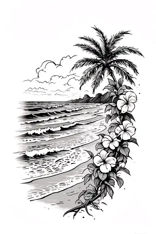ocean waves on beach with palm and hibiscus vine on right tattoo design idea