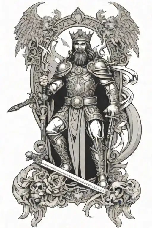 king of kings with sword on on heaven surrounded by armies of angels and background of fire in 3d effect tattoo design idea