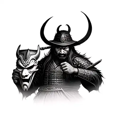 photo realistic ronin samurai holding an oni mask tattoo design idea