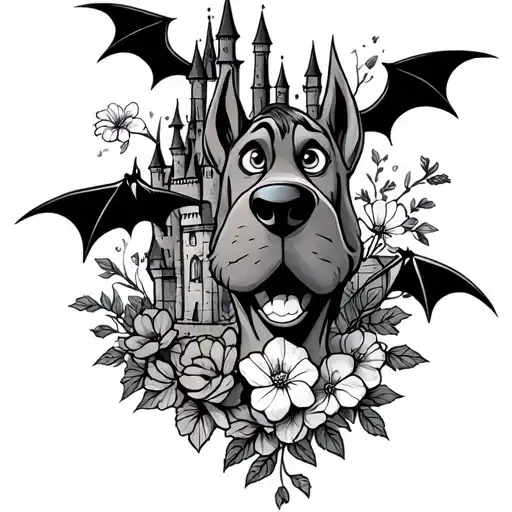 Scooby Doo, Bats, and flowers castle surrounded tattoo design idea