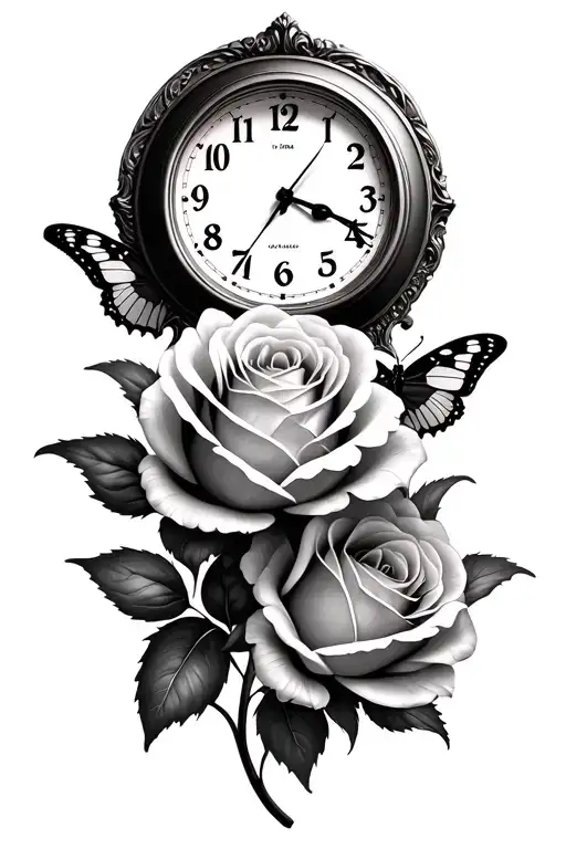 two roses with a clock at 1:12 and a butterfly on a tulip tattoo design idea