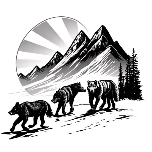 nature scene with mountain and sun setting over a valley with a pack of three wolves running in a valley and a bear  tattoo design idea