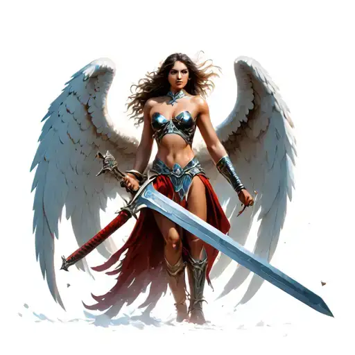 female warrior angel victorious over demon with wings, sword, male protector angel behind tattoo design idea