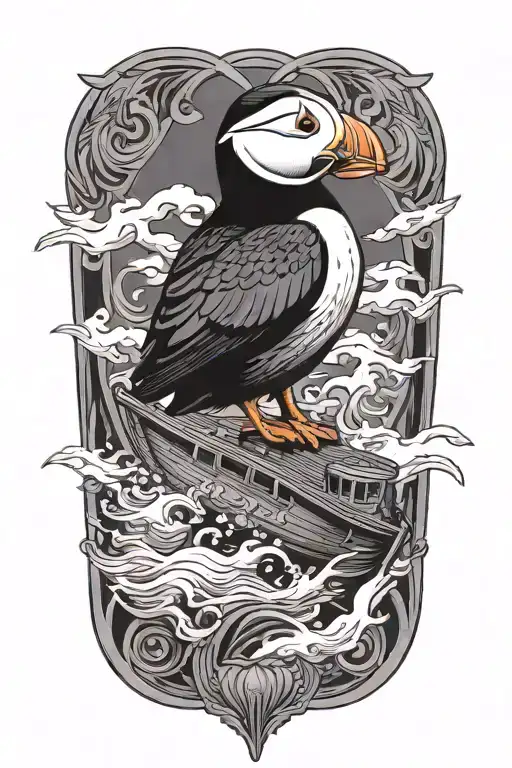 male puffin on a with an old scandinavian viking ship at sea tattoo design idea