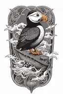 male puffin on a with an old scandinavian viking ship at sea tattoo design idea