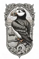 male puffin on a with an old scandinavian viking ship at sea tattoo design idea