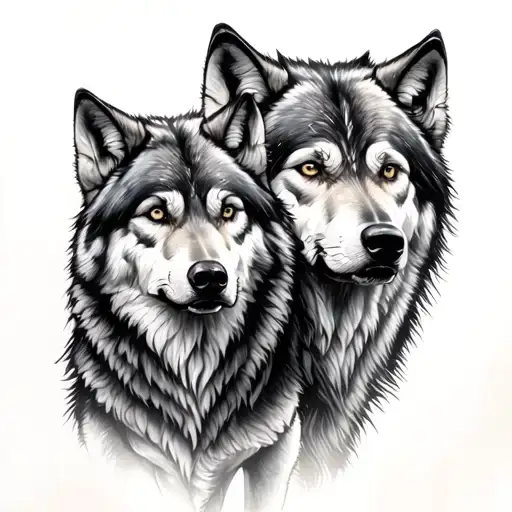 black and white wolves with pack in back tattoo design idea