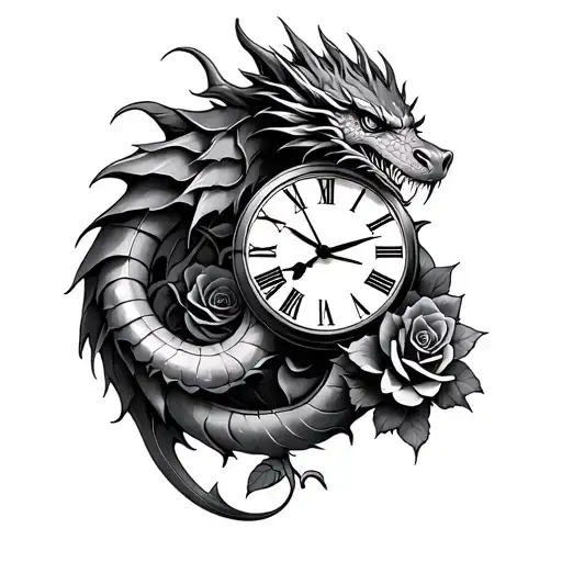 dragon clock and rose intertwined tattoo design idea