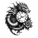 dragon clock and rose intertwined tattoo design idea