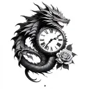 dragon clock and rose intertwined tattoo design idea