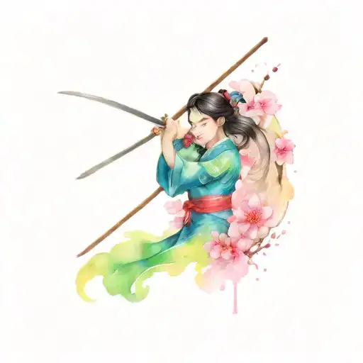 Yoshi and Mulan warrior with cherry blosssoms tattoo design idea