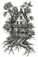 abandoned house, tree roots, roses tattoo design idea