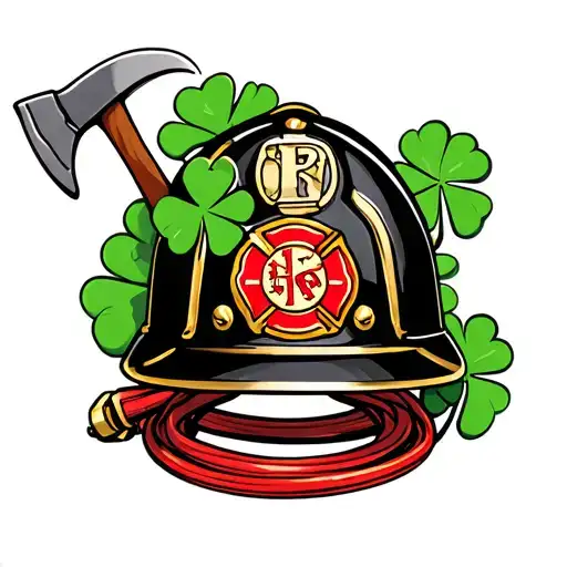 New York fire department helmet with Irish clovers, a fire hose, a axe tattoo design idea