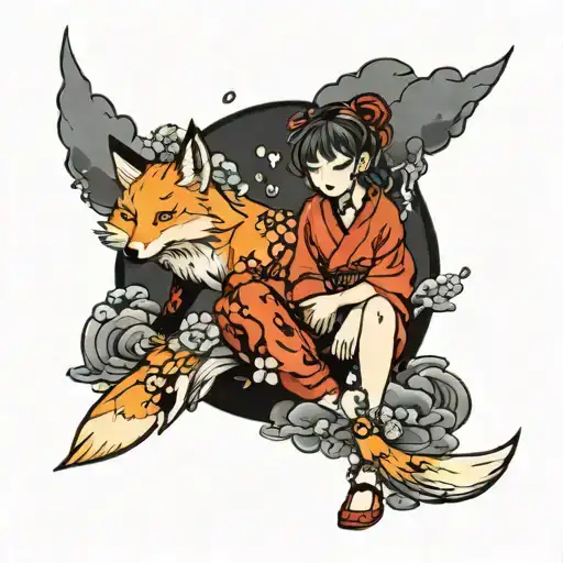 anime girl with fox around flowers and clouds black and red tattoo design idea