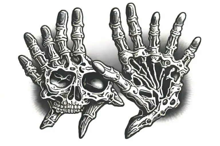 skeleton hand touching finger tips with a normal hand with a sun behind them tattoo design idea