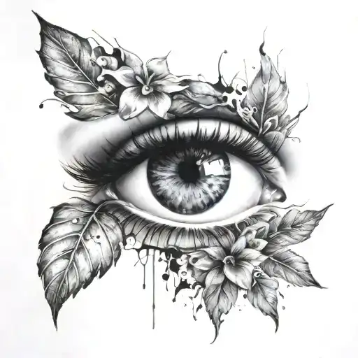 a hyper-realistic human eye with intricate lashes, surrounded by hibiscus flowers and leaves, detailed ink splatter patt tattoo design idea