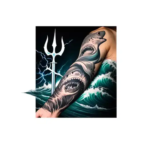 forearm sleeve tattoo featuring ocean/waves, sharks, trident and lightning tattoo design idea