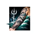 forearm sleeve tattoo featuring ocean/waves, sharks, trident and lightning tattoo design idea