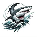 forearm sleeve tattoo featuring ocean/waves, sharks, trident and lightning tattoo design idea