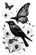 crow, butterfly, dandelion seeds tattoo design idea